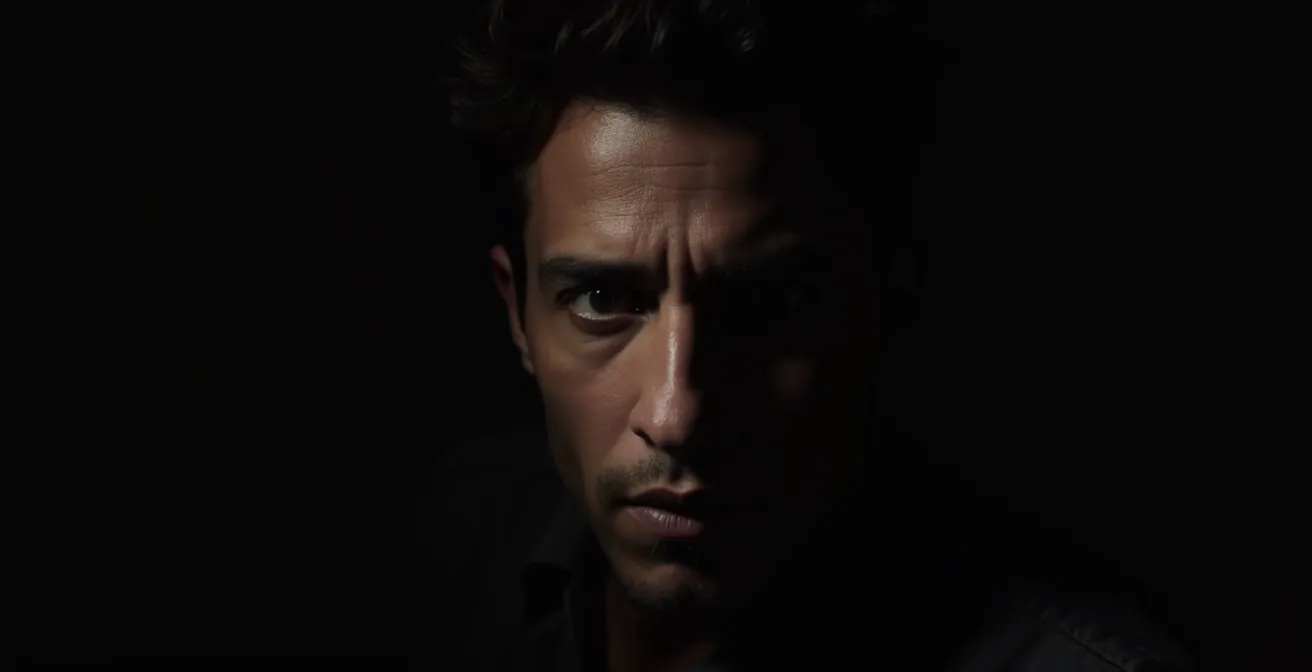 Portrait masculin en clair-obscur, lumière douce sculptant les traits du visage sur fond sombre