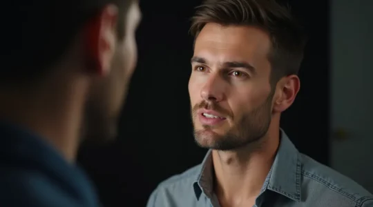 Portrait d'un modèle homme dirigé par un photographe dans un studio, lumière douce mettant en valeur les traits du visage