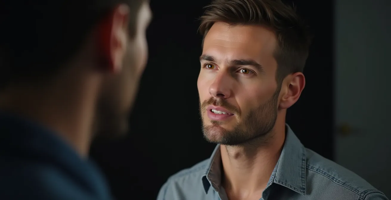 Portrait d'un modèle homme dirigé par un photographe dans un studio, lumière douce mettant en valeur les traits du visage