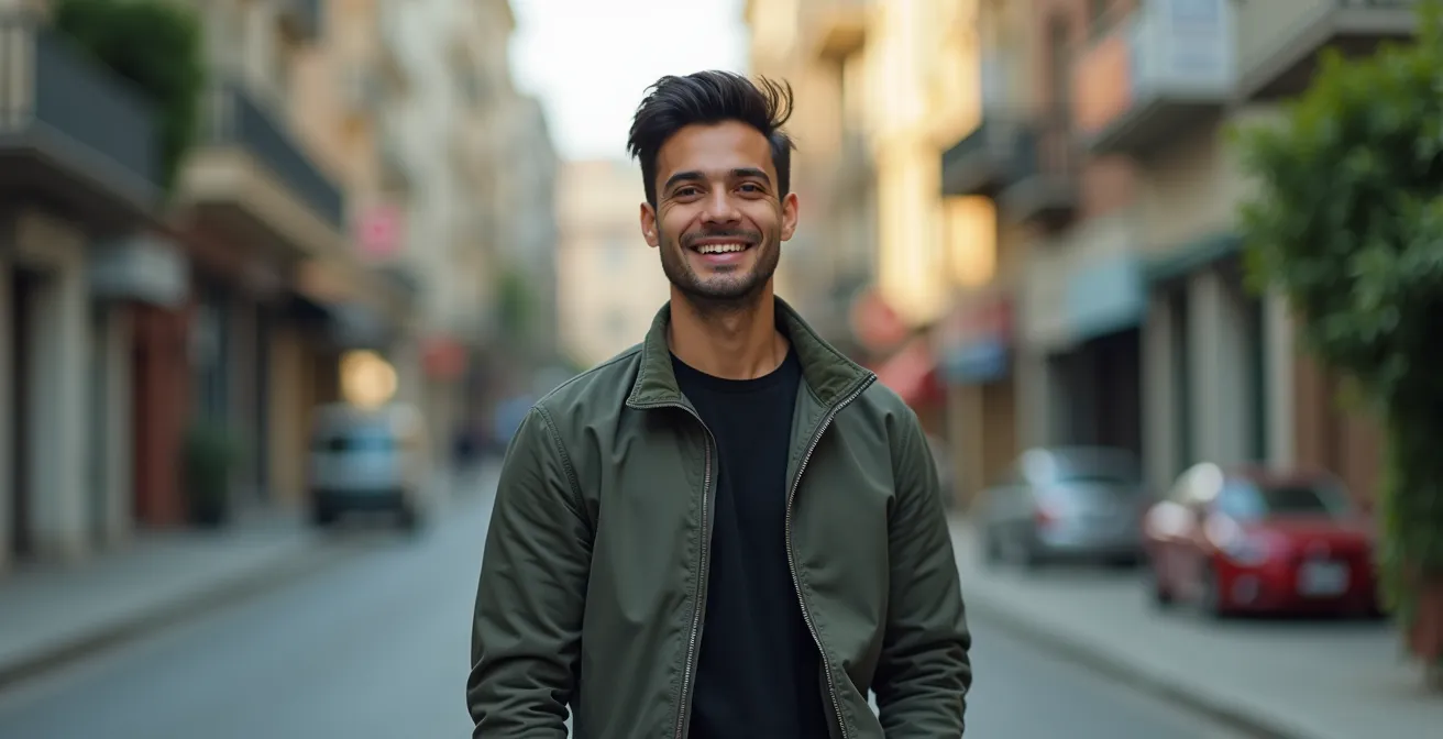 Homme modèle posant naturellement dans un environnement urbain, posture dynamique et gestuelle nuancée
