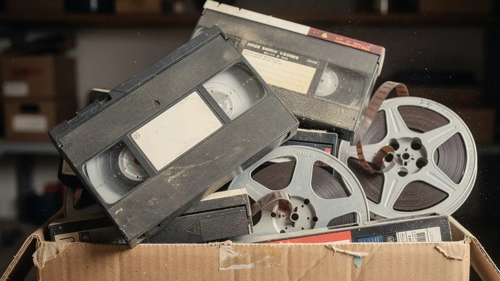 Collection de cassettes VHS et bobines Super 8 anciennes dans un carton poussiéreux