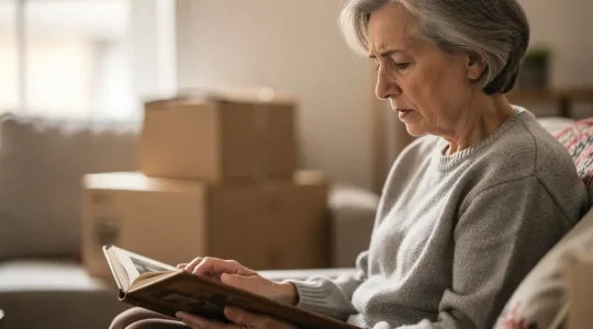 Femme senior regardant un album photo ancien avec émotion dans son salon