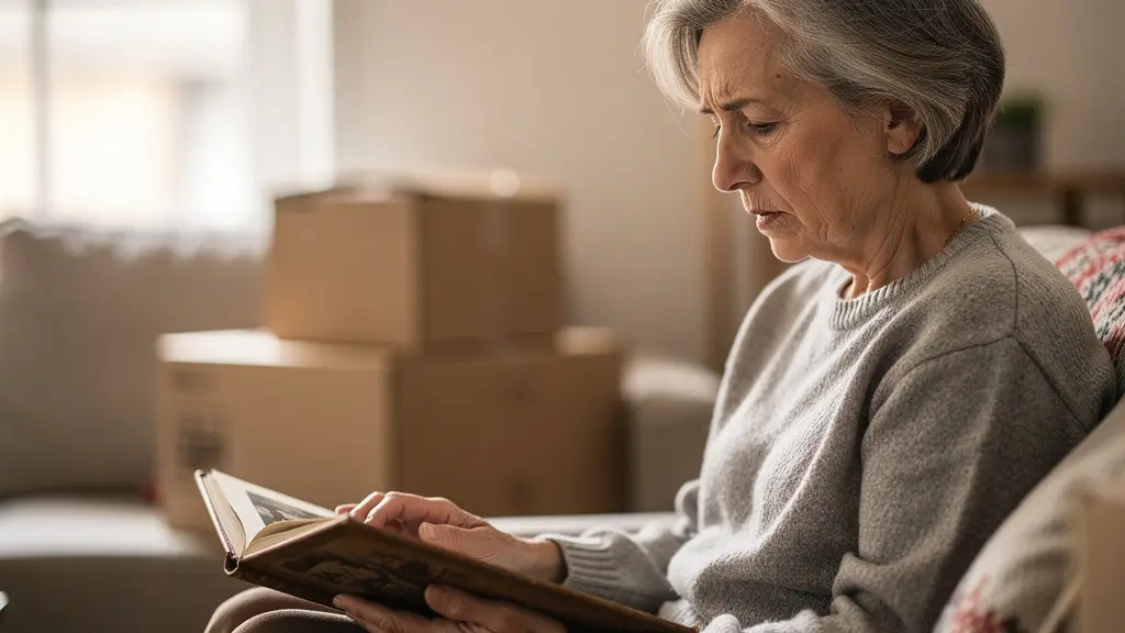 Femme senior regardant un album photo ancien avec émotion dans son salon