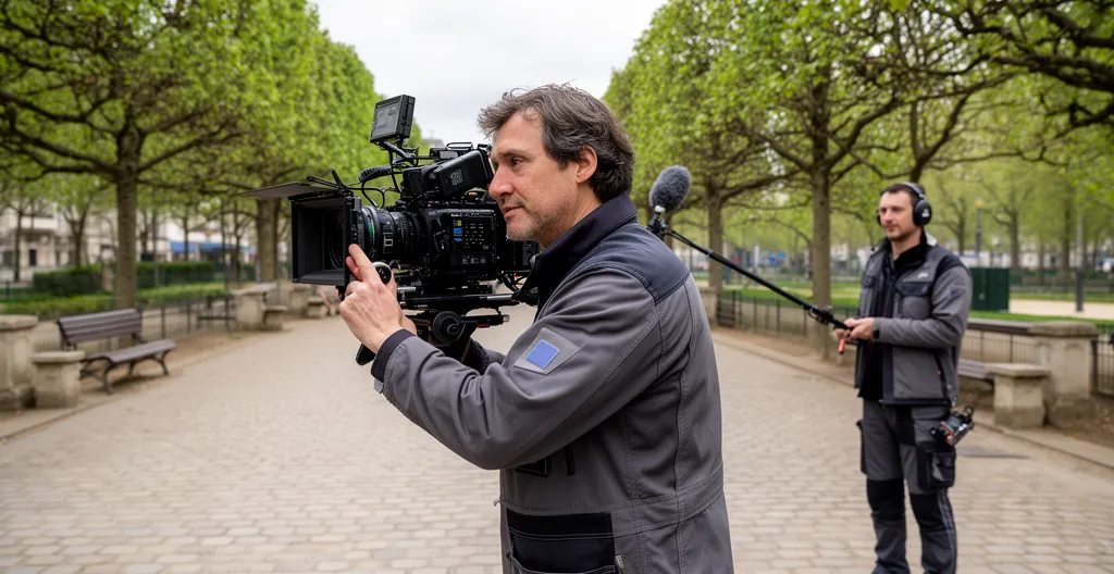 Opérateur caméra épaule filmant en extérieur avec assistant son en arrière-plan