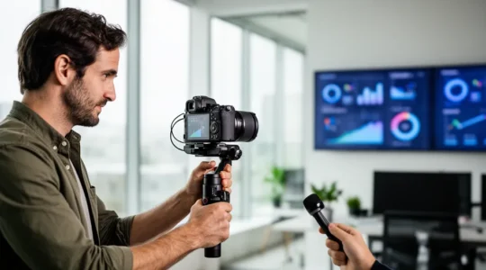 Vidéaste professionnel cadrant avec caméra hybride sur stabilisateur lors d'un tournage corporate
