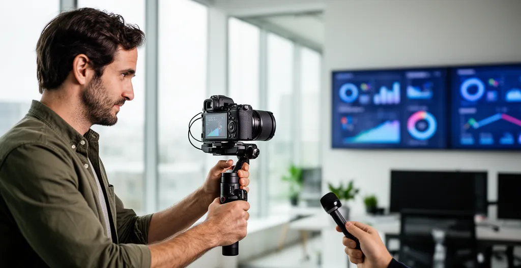 Vidéaste professionnel cadrant avec caméra hybride sur stabilisateur lors d'un tournage corporate